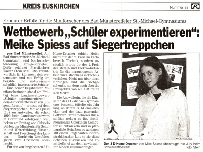 Wettbewerb "Schüler experimentieren": Meike Spiess auf Siegertreppchen