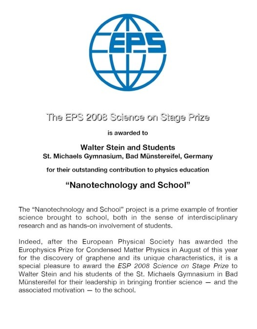 Mit 1000 Euro zeichnete die European Physical Society die Miniforscher des St. Michael-Gymnasiums aus