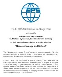 Urkunde: Preis der European Physical Society - Science on Stage