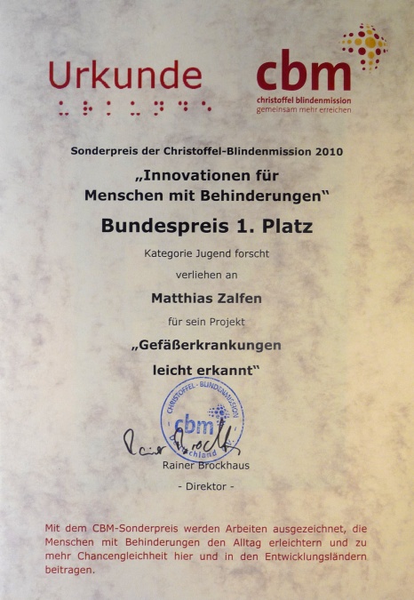 Matthias wird für das Projekt mit dem Bundespreis 1. Platz der Christoffel-Blindenmission ausgezeichnet
