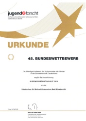 Urkunde Jugend forscht Schule - Bundeswettbewerb