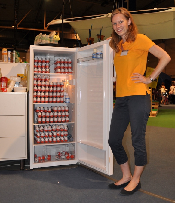 Binia Neuer shows our fridge full of chocolate "surprise eggs" to visitors and ...