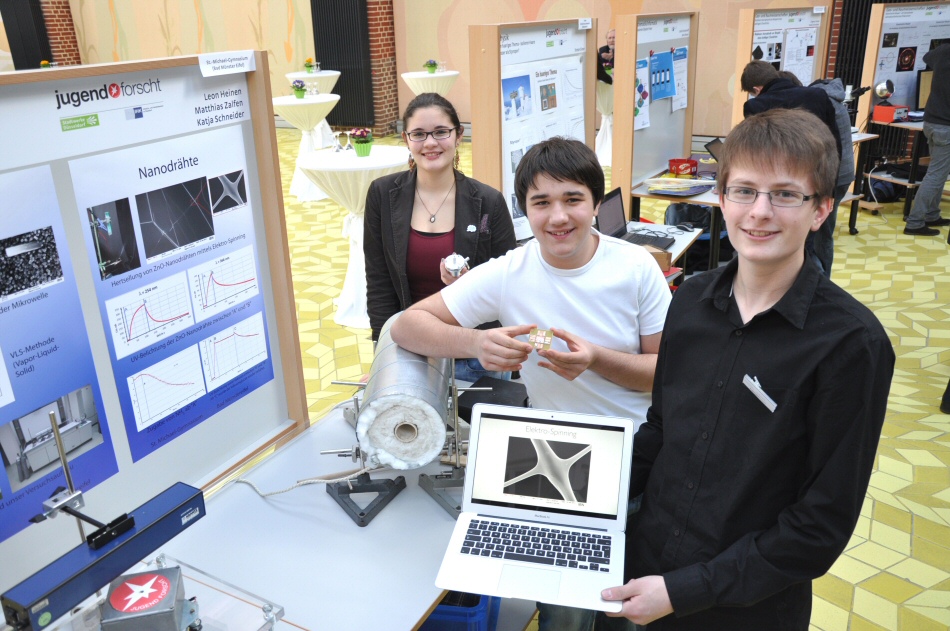 Katja Schneider, Leon Heinen and Matthias Zalfen impress at the regional contest in Düsseldorf with their work on nanowires